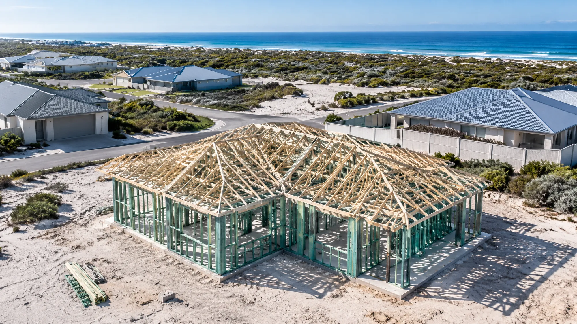 Aerial view of a framed home in a coastal estate north of Perth